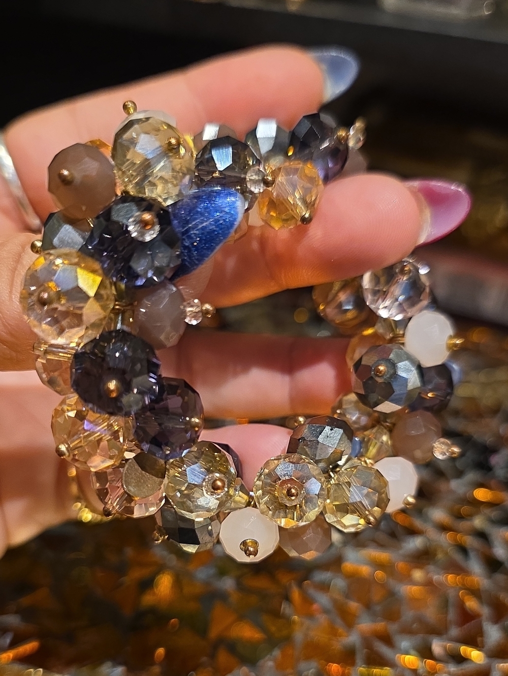 Vintage Multi-Tone Faceted Glass Beaded Bracelet in Blue, Gold and Gray